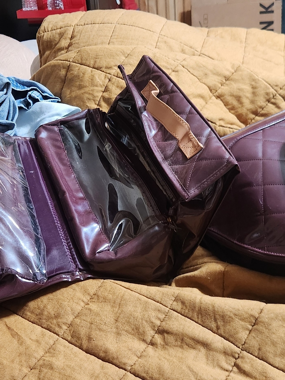 Quilted Plum Travel Cosmetic Case with Clear Compartments